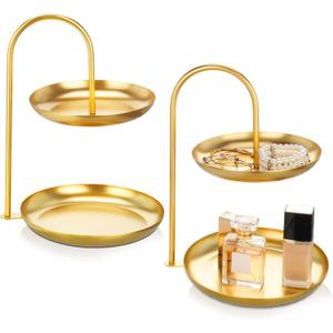 Maxcheck 2 Pcs Necklace Display Stand 2 Tier Jewelry Holder Tabletop Jewelry Organizer Tower with Round Storage Tray Organizer Tower for Bracelets Necklaces Earrings Makeups(Gold)