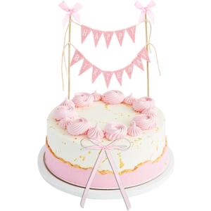 11 Pcs Bow Ribbon Cake Topper Happy Birthday Cake Topper Banner Happy Birthday Cakes Bunting Toppers with Wood Pole Handmade Pennant Flags with Bow Ribbon for Donut Cakes Cupcakes (Pink)