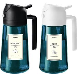 TrendPlain 16oz/470ml Blue Glass Olive Oil Sprayer for Cooking - 2 in 1 Olive Oil Dispenser for Kitchen Gadgets, Air Fryer, Salad, and BBQ - Black & White