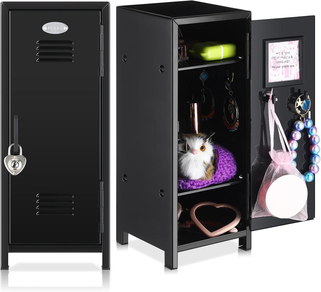 Vercraft 2 Pcs Mini Metal Locker Storage with Lock and 2 Keys 10.8 Inch Small Money Security and Cash Safe Box for Jewelry Back to School Home Office Desktop Container(Black)