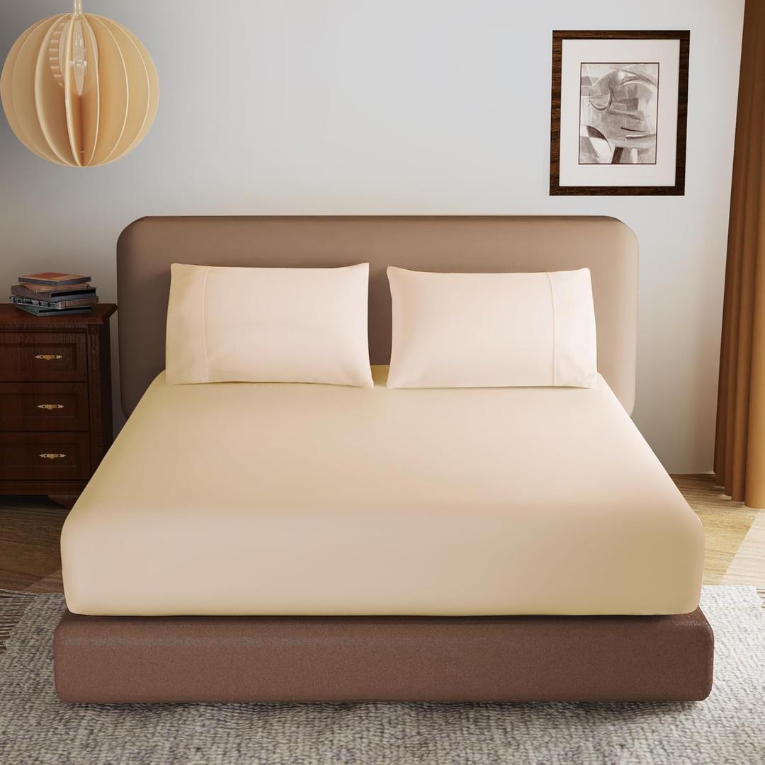 100% Egyptian Cotton Fitted Sheet Full Size, 600 Thread Count, Single Fitted Sheet Only,8”-16" Deep Pocket Sheet, Soft & Elastic Sateen Weave Bottom Sheet for Home(Beige, Full)