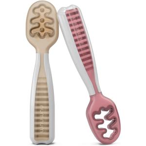 NumNum Baby Spoons Set, Baby Essentials Pre-Spoon GOOtensils for 6+ Months, First Stage Self-Feeding Spoons for Baby Led Weaning (BLW), Silicone Toddler Utensils, BPA-Free, 2 Pack Beige/Mauve
