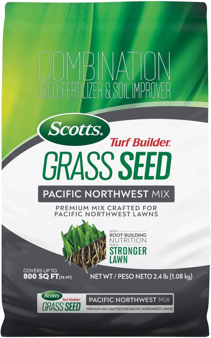 Scotts Turf Builder Grass Seed Pacific Northwest Mix - Grass Seed Plus Lawn Fertilizer & Soil Improver, Premium Mix, Covers Up to 800 sq. ft., 2.4 lb.