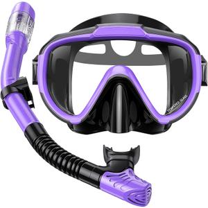 Snorkel Set Adults Snorkeling Gear Anti-Fog Panoramic View Swim Mask Dry Top Snorkel Kit with Carry Bag for Snorkeling Scuba Diving Swimming Travel (Purple+Black)