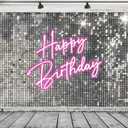 7x5 FT Happy Birthday Backdrop Girls Women Party Pink and Silver Birthday Decorations Pink Happy Banner Shining Shimmer Wall Background Photo Studio Props (Not Real Glitter)