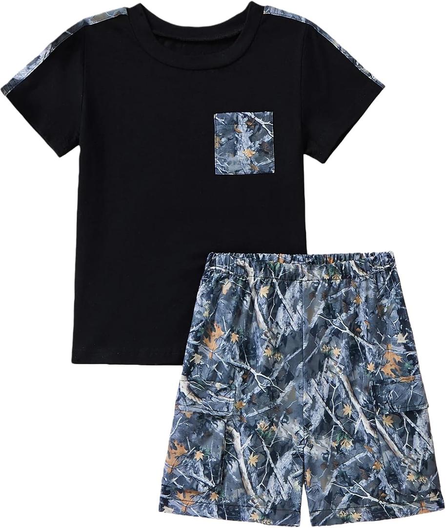 Mieuricta Toddler Baby Boy Summer Clothes Short Sleeve T-Shirt and Camouflage Cargo Shorts Toddler Boy Outfits, Little Black, 4-5 Years