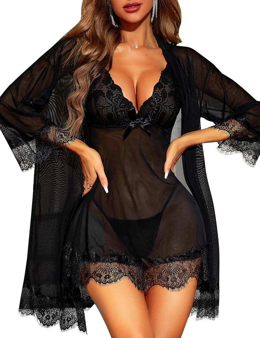 RSLOVE Women Sexy Lingerie Set 3 Piece Babydoll & Lace Kimono Robe Strap Chemise Sleepwear Mesh Nightgown (Medium, Black)