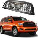 Front Grill Compatible with 2008-2017 Toyota Sequoia Matte Black Replacement Front Bumper Grill ABS Bumper Grille Assembly with Amber LED Lights & Letters