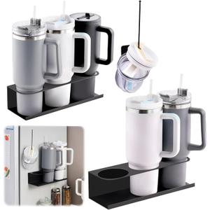 Black 2 Pack Magnetic Cup Holder with Lid Holder (1PC) Fridge for 30 & 40 oz Tumbler - Strong Fridge Mount - Water Bottle Organizer for Metal- No Drill Cup Accessories for Car, Kitchen, Office