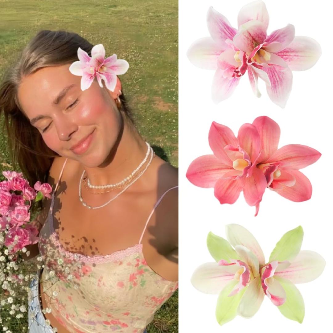 2 x 3pcs Hawaiian Orchid Hair Clips for Women - Artificial Flower Barrettes for Summer Beach Wedding