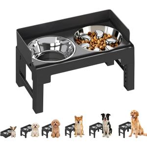 PAKEWAY Elevated Dog Bowls, Spill Proof, Tiltable Pet Feeder with 1 Stainless Steel Bowl &1 Stainless Steel Slow Feeder Bowl, 6 Height Adjustable Raised Bowls Stand for Medium Large Dogs (Black)