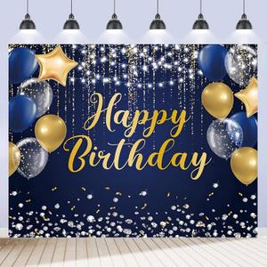 Happy Birthday Backdrop 10x8ft for Men Boys Navy Blue and Gold Happy Birthday Banner Decorations Large Birthday Party Photo Background Poster for Women Girls Supplies Polyester Fabric