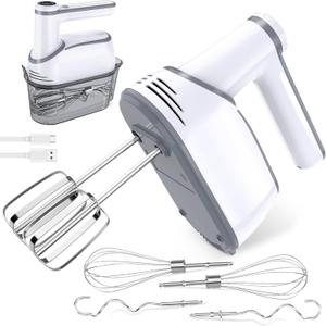 binROC Cordless Electric Hand Mixer, 12-Speed Rechargeable Handheld Mixer with Eject Button, 6 Stainless Steel Attachments, Snap-On Storage Case, LED, Self-Stand for Baking, Cake, Dough, Egg (White)