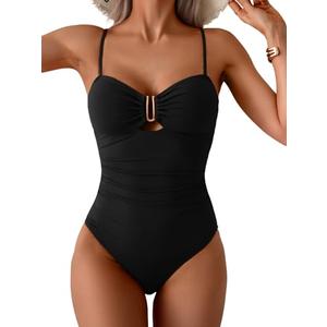 Eomenie One Piece Swimsuit for Women Tummy Control Ruched Bathing Suit U Wire Cutout Swim Suits Black M