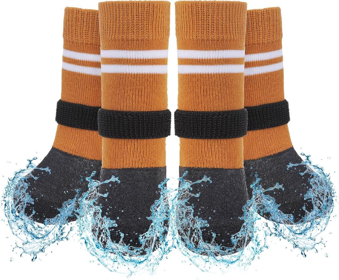 SCENEREAL Anti Slip Dog Boots & Paw Protectors for Hardwood Floor, Extended Dog Socks to Prevent Licking Paws, Waterproof Pet Snow Rain Shoe for Winter Medium Senior Dogs, Khaki M (Medium(Paw width 2.04in/5.2cm))