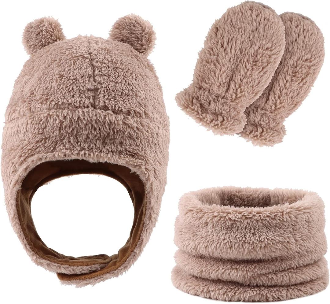 Fleece Baby Hat Scarf Mitten Set Winter Toddler Beanie Warm Mittens Infant Scarves Ears Earflap Hats for Baby Boys Girls (9-36 Months, Khaki)