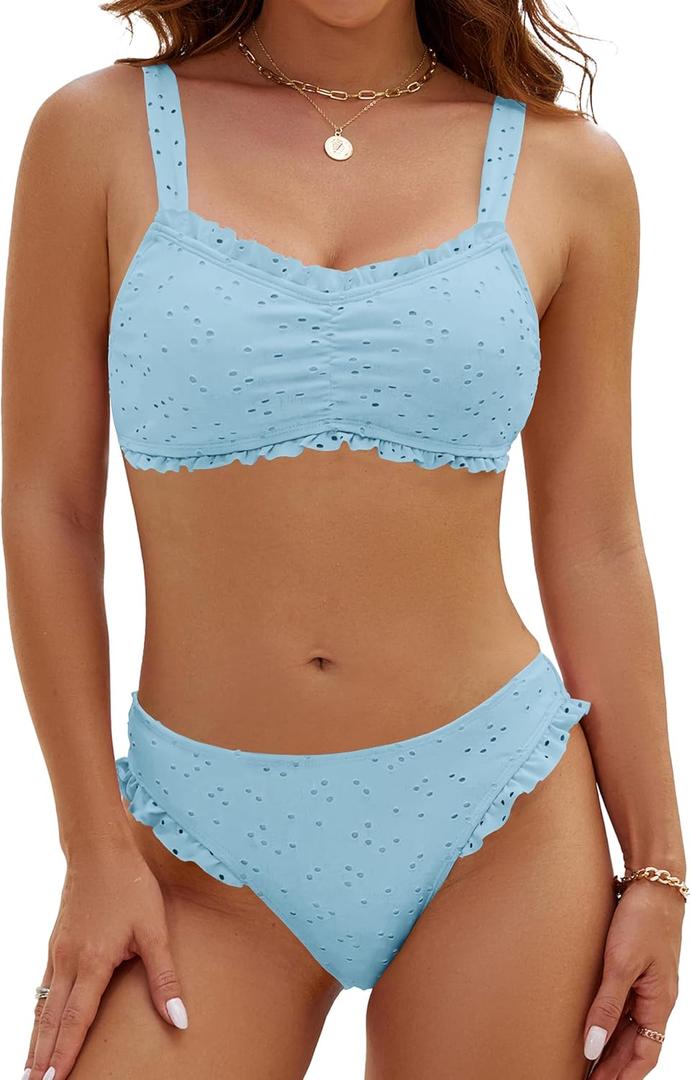 Blooming Jelly Womens Bikini Set Two Piece Ruffle Bandeau Bathing Suits Cheeky High Cut Cute Eyelet Swimsuit (Small, Light Blue)