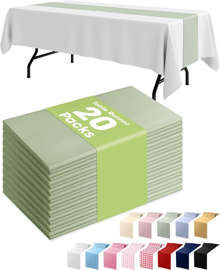 Pureegg Sage Green Plastic Table Runners - 20 Pack, 14'' x 108'', Water Resistant & Disposable Centerpiece Decorations for Table Cloth, Wedding, Birthday, Holiday, Baby Shower, Party, Home Decor