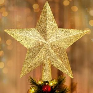 Glitter Christmas Star Tree Topper for Holiday Decorations, Christmas Tree Decoration for Holiday Ornament and Home Decor, Shatterproof Tree Toppers for Party Indoor  Outdoor-Gold 8 inch