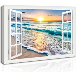 Wave Canvas Wall Art Sunset Ocean Nature Pictures Ready to Hang for Living Room Bedroom Home Decorations Modern Stretched and Framed Seascape Giclee Artwork Ready to Hang