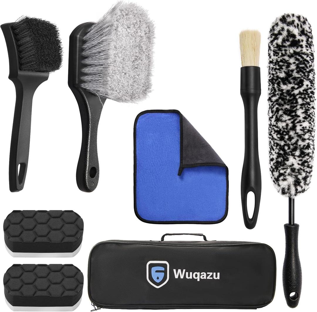 8PCS All-in-One Wheel & Tire Cleaning Kit - 360 Flexible Synthetic Wool Rim Brush, 2 Dual-Hardness Brushes, Dressing Pads & Storage Bag | Scratch-Free for All Vehicles