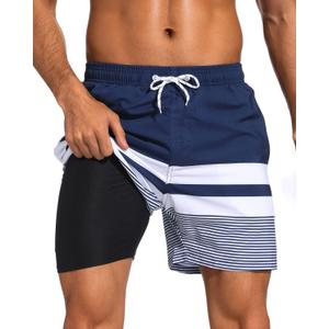 SILKWORLD Mens Swim Trunks with Compression Liner 2 in 1 Quick Dry Bathing Suit Beach Shorts with Zipper Pockets Large, Dark Navy&white Stripes