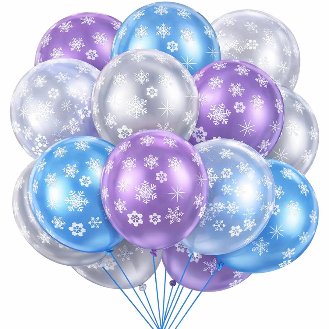 Skylety 40 Pieces Blue Purple Silver Clear Snowflake Balloons Bulk Winter Transparent Snowflake Latex Balloons for New Year, Birthday Parties, Winter Wonderland Baby Shower Decorations