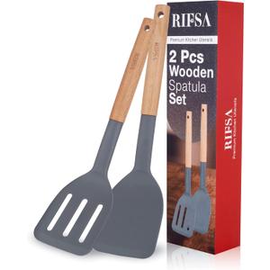 Pack of 2 Silicone Spatula, Non Stick Slotted Spatulas with Wooden Handle, Ideal Wood Kitchen Utensils Set for Frying, Baking, Flipping & Turning, Heat Resistant Silicone Turner for Non Stick Cookware