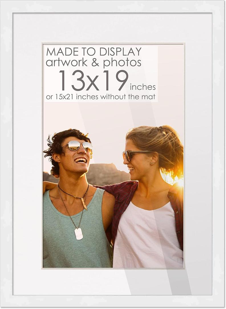 2 PCS 13x19 Matted Frame White Solid Wood with White Mat 15x21 Frame Matted to 13x19 Opening Display Your Picture Under UV Acrylic Plexiglass with Foam Board Backing and Wall Hanging Hardware