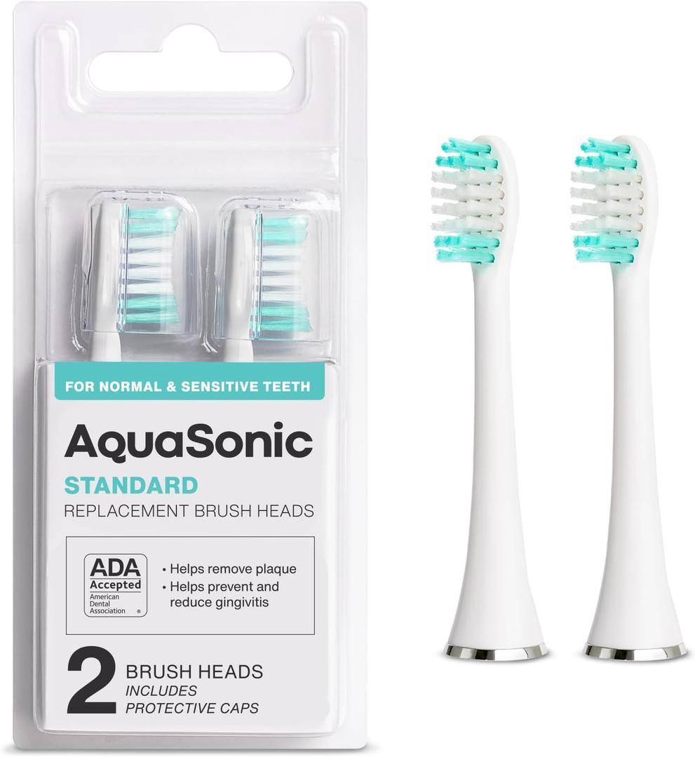 AquaSonic Genuine Standard Replacement Brush Heads | ADA Accepted | for Normal & Sensitive Teeth | Compatible with Many AquaSonic Toothbrush Handles (2 Pack White)