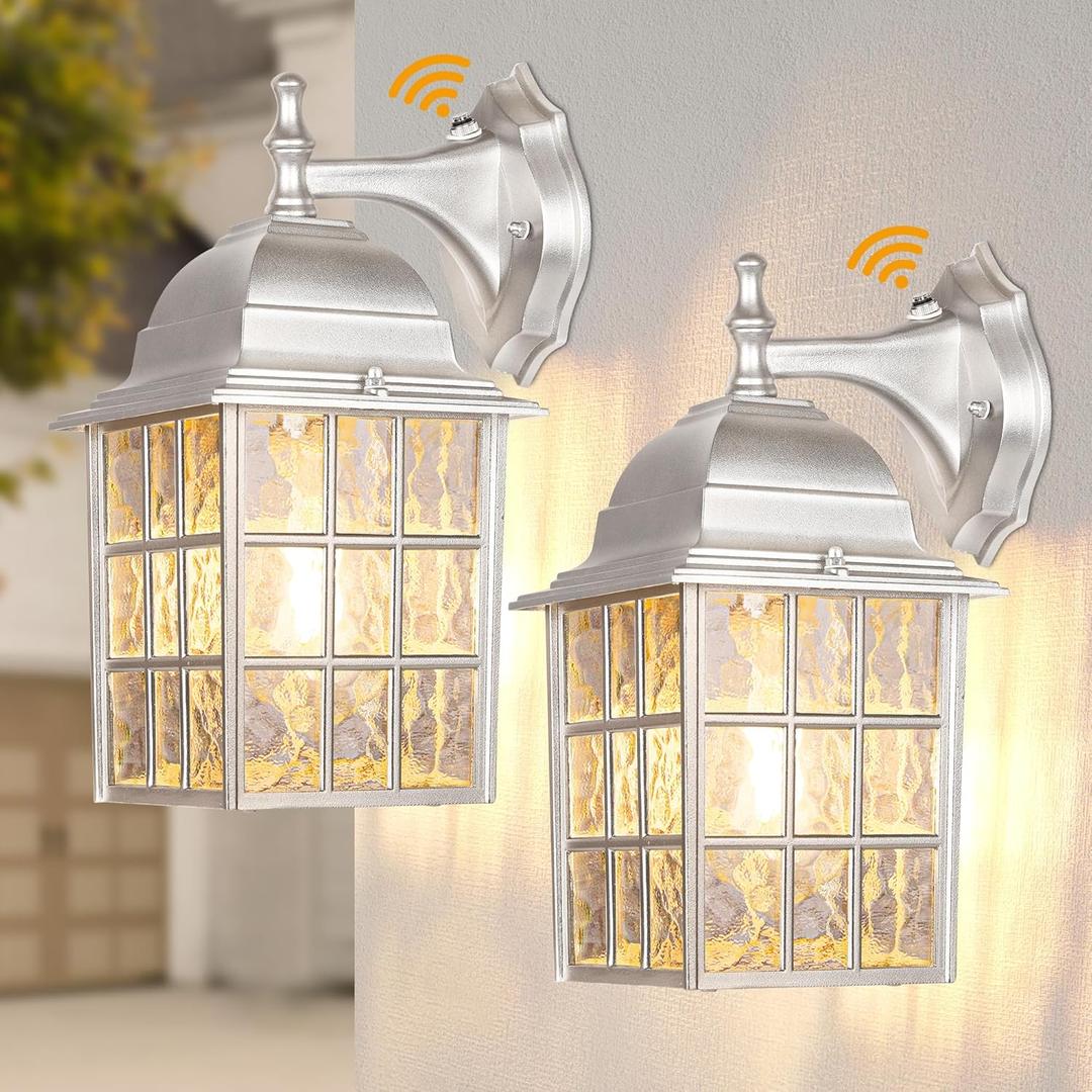 WIHTU Silver Exterior Lighting Fixtures Wall Mount, Dusk to Dawn Outdoor Porch Wall Lights, Sensor Wall Lantern Wall Lamp Set of 2, Waterproof Wall Sconce, Outside Lighting for Garage, Front Door