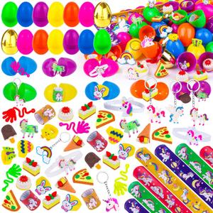 [ 6 Surprise Gold Eggs ] 100 Pack Prefilled Easter Eggs with Assorted Toys Inside, Truly Pre Filled Plastic Easter Egg Filles Fidget Toys Easter Hunt, Basket Stuffers Party Favors for Kids Boys Girls