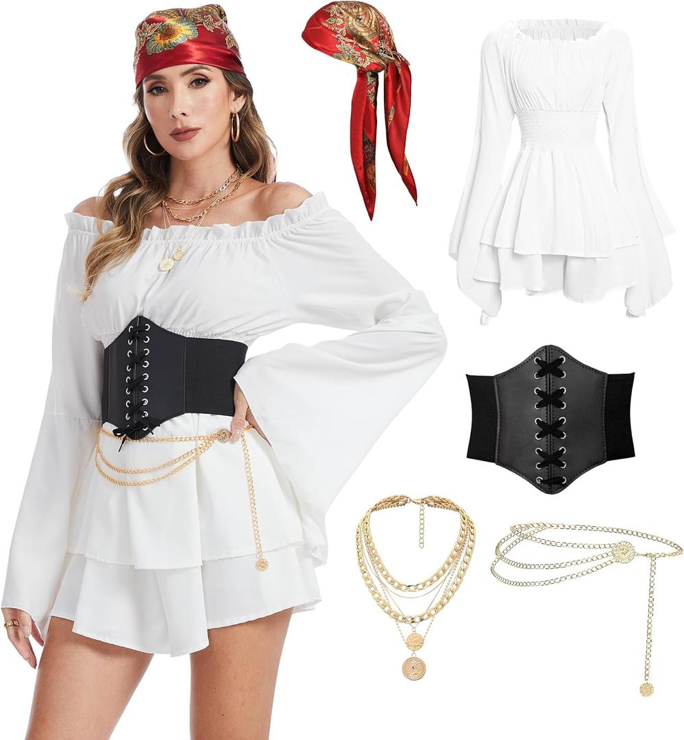 Pirate Costume Women Dress White Pirate Dress with Corset Necklace Bandana Headscarf Accessories (X-Large)