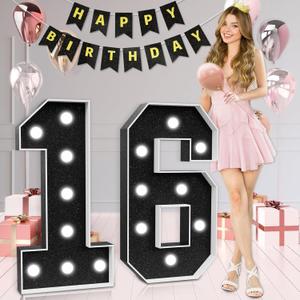 Marquee Numbers Black 16th-Birthday Decorations: Large 3ft Light Up Number Sweet 16 Party Decoration for Boy Girl Sixteen Year Old Decor Party Backdrop Anniversary Cardboard Big Mosaic Number 16