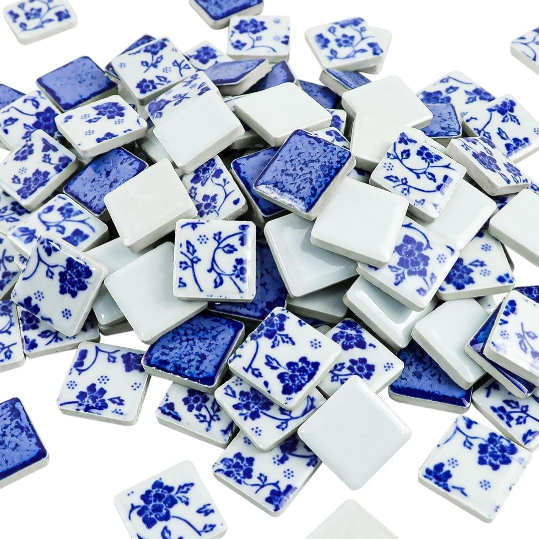 1x1 Inch 121 Pcs Ceramic Mosaic Tiles for Craft Glazed Blue and White Square Porcelain Tiles Polished China Plate Mosaic Tile Art Crafts DIY Ceramic Pieces Home Decor (Mixed-4)