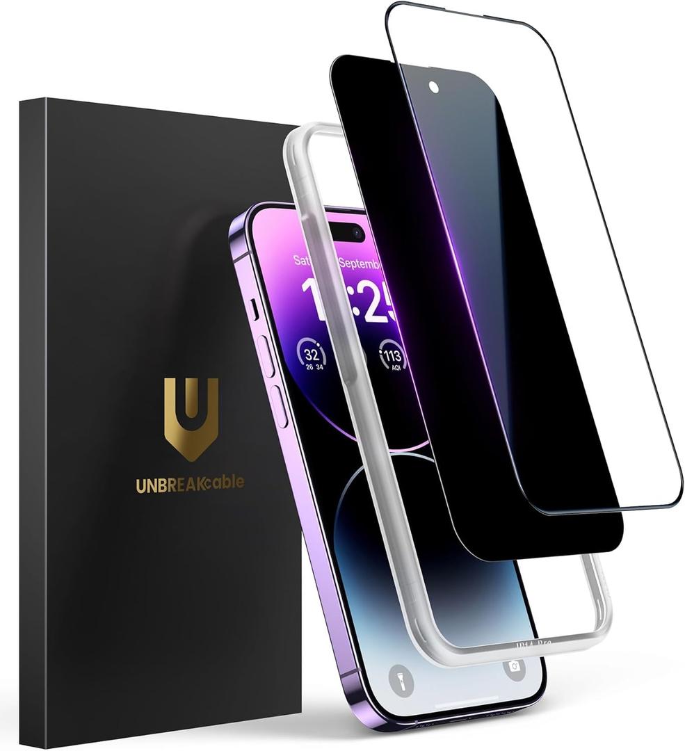 UNBREAKcable 2PCS Screen Protector for iPhone 14 Pro - 1 Privacy Tempered Glass+1 Clear Glass Double Shatterproof [Installation Frame] [9H Hardness] [Case Friendly] Anti-Scratch for iPhone 6.1 inch
