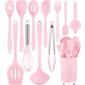 Kitchen Utensils Set-12 Pieces Silicone Cooking Utensils Set (Dishwasher Safe) 392F Heat Resistant Spatula Set, Nonstick Cookware (Pink)
