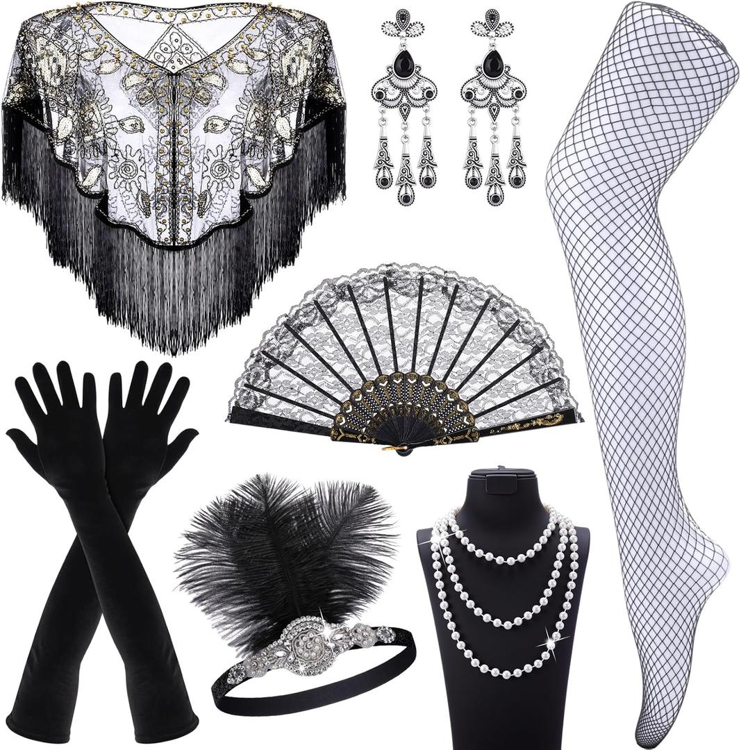 7 Pcs 1920s Flapper Accessories Set for Women Flapper Roaring 20s Costume for Halloween Vintage Wedding Party