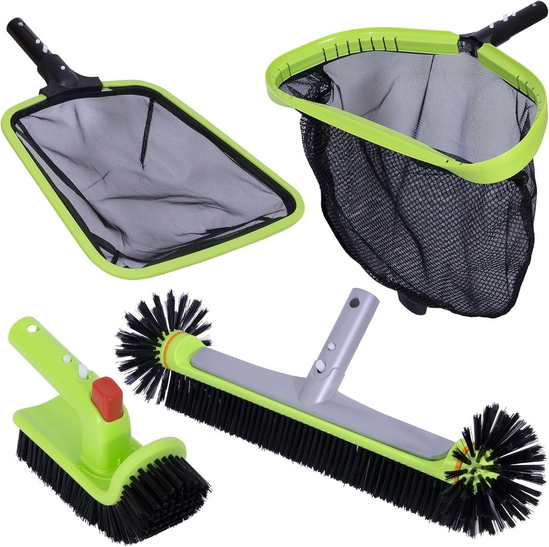 Sepetrel Deluxe Swimming Pool Cleaning Kit Including Professional Leaf Skimmer Net,Half-Depth Fine Mesh Net,17.5" Pool Brush Head & Hand Scrub Brush (NO Pole)