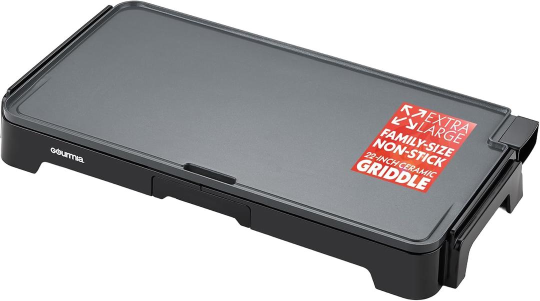 Gourmia 22 Inch XL Electric Griddle Pan - Nonstick Extra Large Flat Top Ceramic Surface, Countertop Cooker, Adjustable 200F400F, Pull-Out Drip Tray, Compact Handle-Free Design