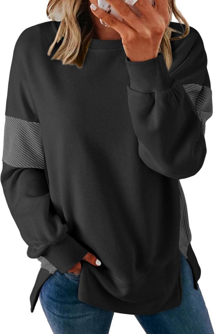 Dokotoo Oversized Sweatshirts for Women Long Sleeve Cute Crewneck Sweatshirts Fall 2025 Fashion Clothes Loose Color Block Pullover Tops Black, Medium
