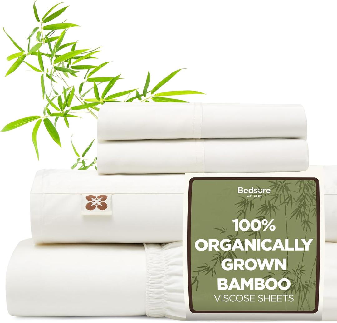 Bedsure 100% Organically Grown Bamboo Viscose Sheets - 18 Inches Deep Pocket Sheets with Elastic Corner, Queen Sheet Set, Ultra-Soft, Silky & Cooling Bedsheets, Oeko-Tex, 4 Pieces, Ivory