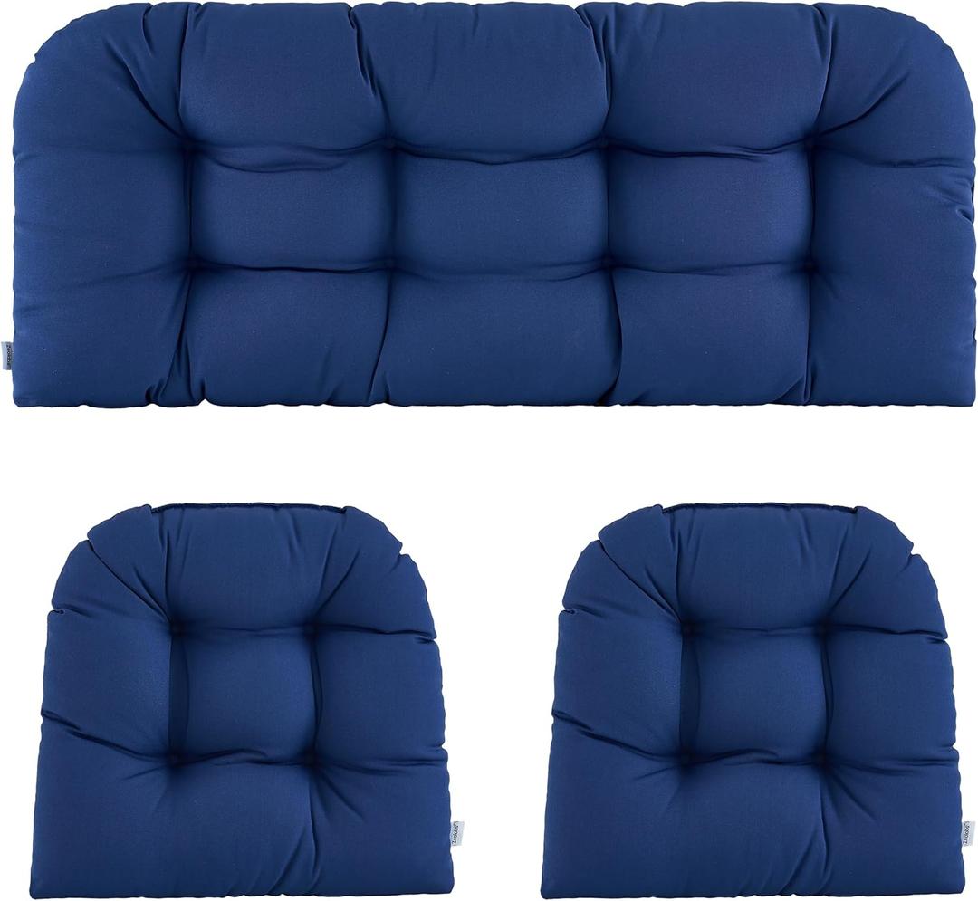 Wicker Chair Cushions of 3 Pieces Waterproof Tufted Outdoor Seat Cushions for Patio Furniture Sofa Settee Couch,1 Loveseat and 2 U-Shaped Cushions,Navy Blue
