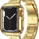 Compatible with Apple Watch Band and Case, Stainless Steel Metal Chain with TPU Cover, Smart-Watch Link Bracelet Strap, Wrist-Band for i-Watch Series 9 8 7 6 5 4 3 2 1 SE, 45mm 44mm 42mm, Gold