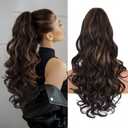 24 Inch Ponytail Extension, Layered Ponytail Extensions for Women, Soft Wavy Claw Clip in Ponytail Extension, Natural Synthetic Hair Pieces for Women (Color: Dark Brown with Honey Blonde Highlights)
