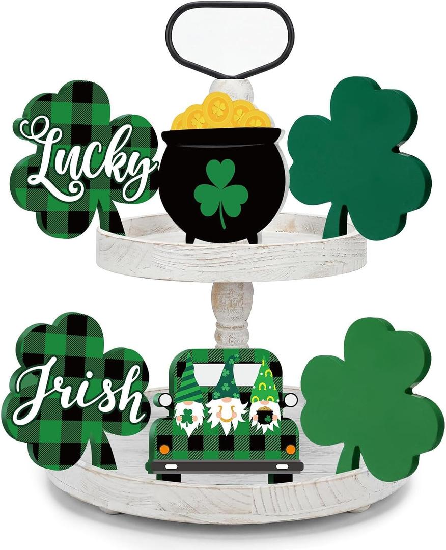 Qunclay 6 Pcs St. Patrick's Tiered Tray Decor Wooden Decor Shamrock Table Decorations Clover Sign Saint Paddy's Home Decoration Centerpiece Farmhouse Table Blocks for Party Mantle Shelf