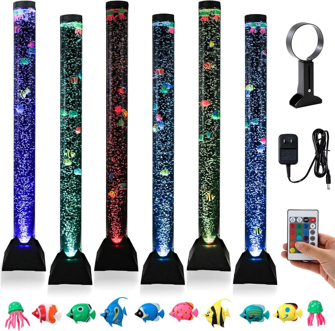 Large 4FT Sensory Fish Water Bubble Tube Floor Lamp Fake Aquarium Tank with 10 Fish & 16 Color Changing LED Lights, Gift for for Autism, ADHD, Special Needs-Remote Control & Wall Bracket Included