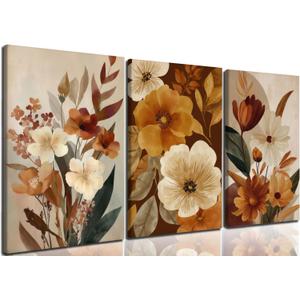 CHTEXA Neutral Floral Canvas Wall Art Set Of 3 Beige Brown Botanical Prints Modern Flower Wall Decor For Living Room Bedroom Bathroom Office 12x16 Inch Ready To Hang
