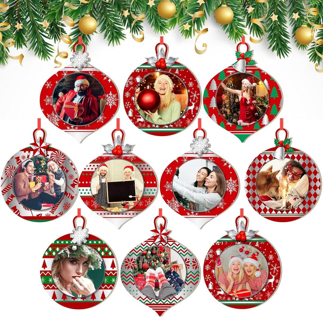 16 Pcs Christmas Photo Frame Ornaments Wooden Nutcrackers Santa Snowman Snowflake Picture Frame Tree Decoration DIY Photo Keepsakes for Xmas Party Decorations Winter Holiday Gift (Light Ball)