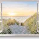 Open Window Canvas Wall Art: Sunset Coastal Beach Scene Picture Relaxing Ocean Sea Painting Modern Seascape Artwork Prints for Bedroom, 36"L x 24"W